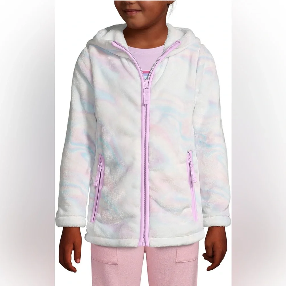Lands' End • Girls Kids Softest Fleece White Pink Swirl Hooded Jacket M (8) NWOT - Picture 2 of 11